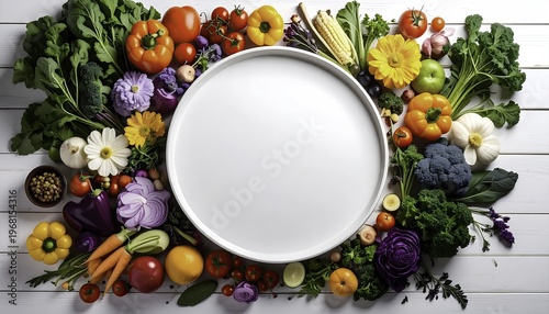 Fresh Vegetables and Flowers Arranged Around an Empty Plate.