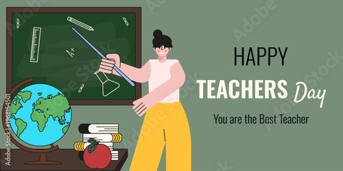 Happy Teachers Day horizontal holiday banner. Flat vector Teacher in class room with bold holiday message isolated green background. EPS 10