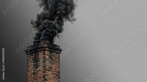 Dark Smoke Billowing From Old Brick Chimney Against Gray Sky, Air Pollution And Industrial Emissions