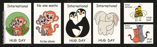 World Hug Day. Vector adorable animals hugs with mother and bold message. Cute Hugging Punch monkey penguin cat bee and rabbit. EPS