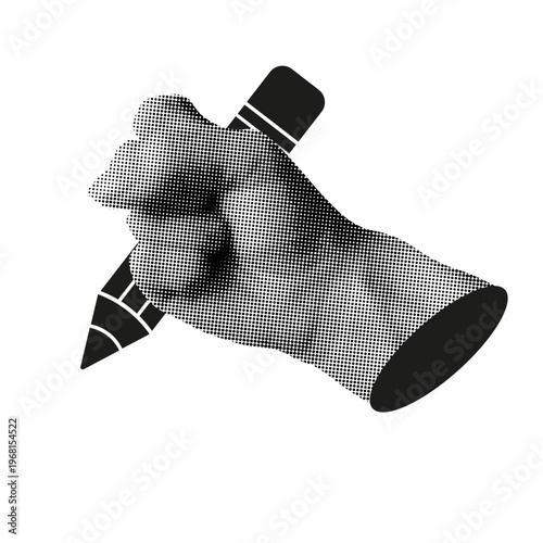 Halftone Collage. Vector Halftone effect hand hold simple black pencil isolated transparent background. Perfect png art for School Education banner poster concept design. EPS 10