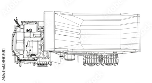 Detailed Wireframe Blueprint of a Heavy-Duty Dump Truck.