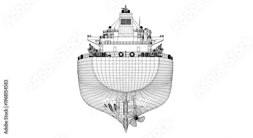 Detailed Wireframe Blueprint of a Large Cargo Ship Hull Design.