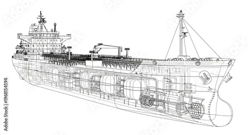Detailed Wireframe Blueprint of a Large Cargo Ship Design.
