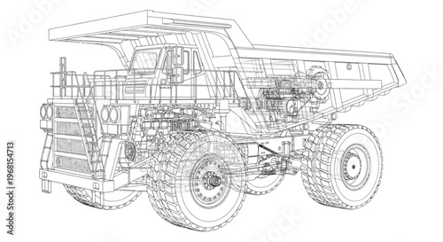 Detailed Wireframe Blueprint of a Large Mining Dump Truck.