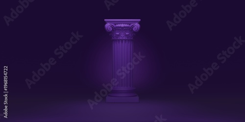 Ornate classical Ionic column with a fluted shaft on a dark purple background. Elegant architectural element with dramatic spotlighting for historical