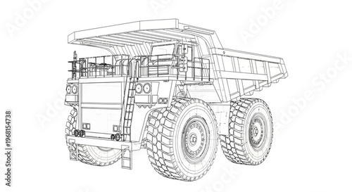 Detailed Wireframe Blueprint of a Large Mining Dump Truck.