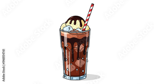 A refreshing iced chocolate drink, featuring a tall glass, melting vanilla ice cream, chocolate syrup, and a striped straw, a cool, sweet,