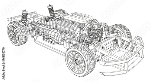 Detailed Wireframe Blueprint of a Modern Car Chassis and Engine.