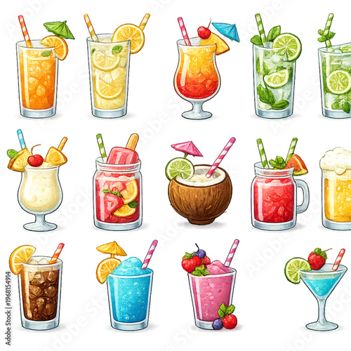 summer drink icons, tropical beverage icons, refreshing drink illustration, cold drink clipart, summer cocktail icons, iced drink illustration, fruity drink collection, kawaii summer drinks, summer be