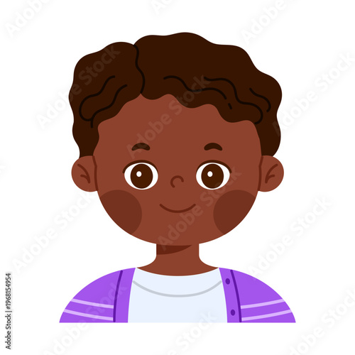 Cute happy African American boy character smiling. Facial expression concept. Friendly child avatar with positive emotion. Kid apps and emotion education concept. Isolated vector illustration