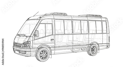 Detailed Wireframe Blueprint of a Modern Minibus for Public Transport.