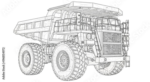 Detailed wireframe blueprint of a large mining dump truck.