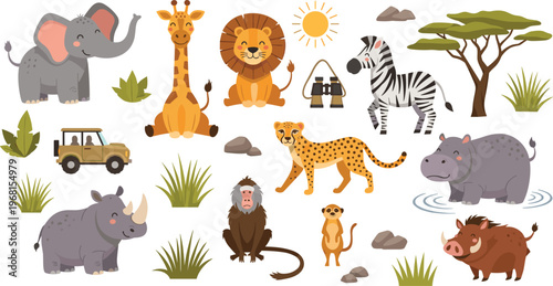 Hand-drawn Safari Animals with Elephants, Lions, Giraffes, Zebras, Rhinos, and Monkeys for African Wildlife and Adventure Illustrations