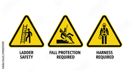 Set of Construction Site Safety Signs: Ladder Hazard, Fall Protection Required, and Harness Required, yellow triangular symbols on an isolated white background.