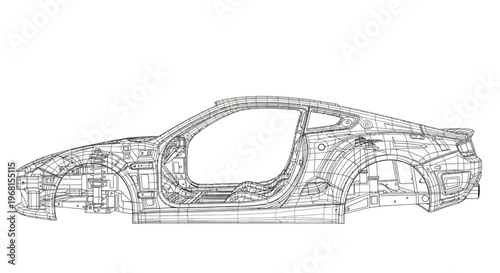Detailed Wireframe Blueprint of a Modern Sports Car Chassis.