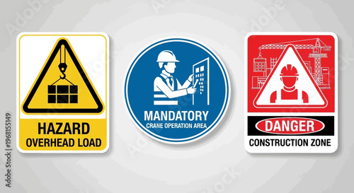 Collection of Industrial Safety Signs: Overhead Load Hazard, Mandatory Crane Operation Area, and Construction Zone Danger, on an isolated white background.