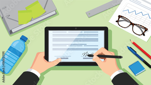 Top down view of hands signing a document on a tablet display with a stylus pen, surrounded by various office supplies on a light green desk, including a water bottle, ruler, and notebooks.
