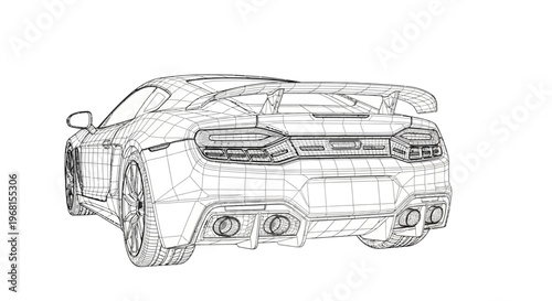 Detailed Wireframe Drawing of a High Performance Sports Car Rear View.