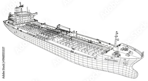 Detailed wireframe drawing of a large cargo ship.