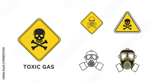 Collection of toxic gas warning signs, featuring skull and crossbones symbols in diamond and triangle shapes with gas mask icons, isolated white background.