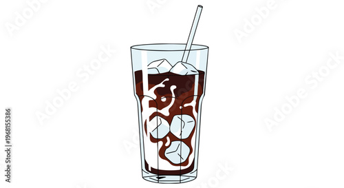 A refreshing cold beverage, a tall glass showcasing dark liquid, white creamy swirls, and glistening ice cubes with a straw, perfect for a summer