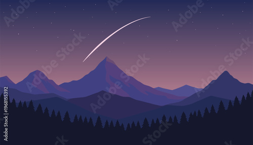 Majestic mountain peaks under starry twilight sky with a shooting star streaking across, vibrant purple and pink hues, minimalist silhouette of pine forest in foreground, serene evening landscape, ast