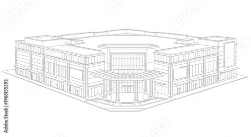 Detailed Wireframe Drawing of a Modern Shopping Mall Building.