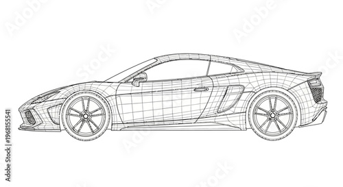 Detailed Wireframe Drawing of a Modern Sports Car in Side Profile.