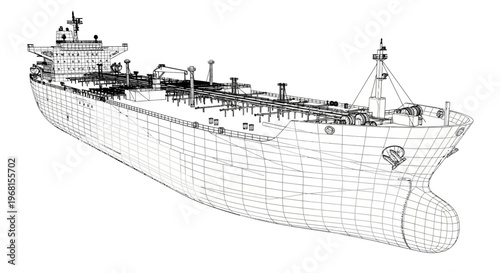 Detailed Wireframe Model of a Large Oil Tanker Ship.