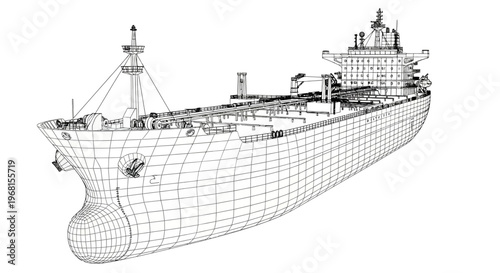 Detailed wireframe rendering of a large cargo ship design blueprint.