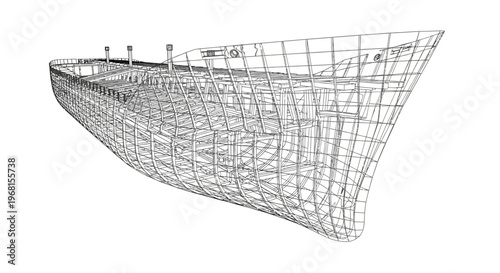 Detailed Wireframe Model of a Ship Hull Design.