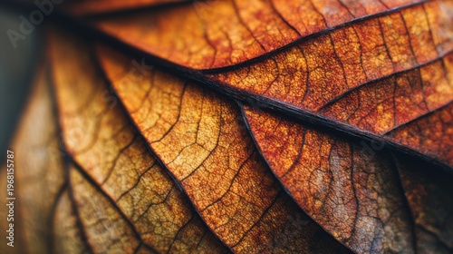 Dry fallen leaf with visible veins in macro detail. Close up view of autumn foliage texture and organic pattern. Seasonal natural background for fall mood and environmental botany design.