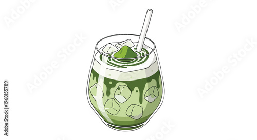 Vibrant green iced matcha latte with foamy crown and a straw, a delightful cool drink