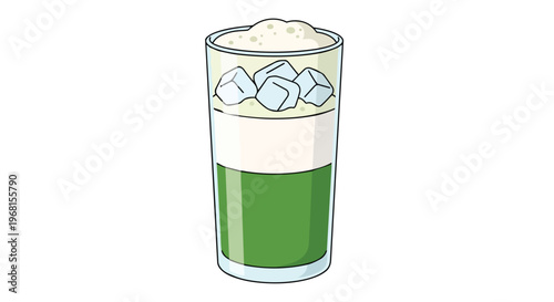 Refreshing layered green beverage illustration featuring frothy topping and cooling ice cubes in a tall glass