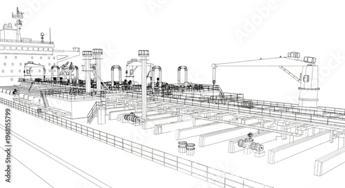 Detailed wireframe rendering of a large industrial oil tanker deck with various pipes and structures.