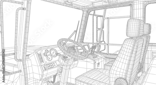 Detailed wireframe rendering of a truck cabin interior, showcasing intricate design.