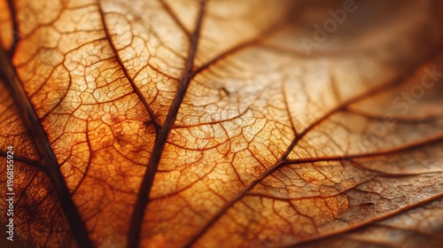 Dry fallen leaf with visible veins in macro detail. Close up view of autumn foliage texture and organic pattern. Seasonal natural background for fall mood and environmental botany design.