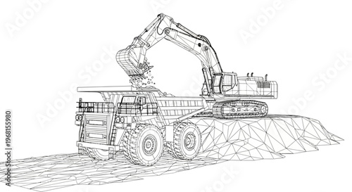 Heavy-duty excavator loading a large dump truck at a construction site.