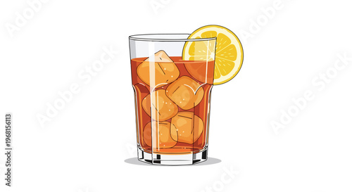 Refreshing beverage illustration showcasing a tall glass filled with amber liquid and clear ice cubes topped with a bright lemon slice ideal for