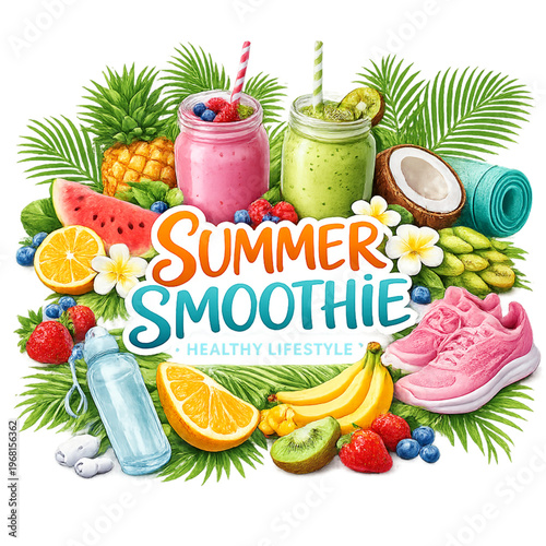 summer smoothie, tropical smoothie, fruity summer drink, refreshing tropical beverage, smoothie illustration, summer fruit drink, tropical fruit smoothie, cute smoothie art, summer drink clipart, frui