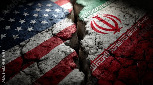 USA Iran cracked flags division symbol geopolitical conflict