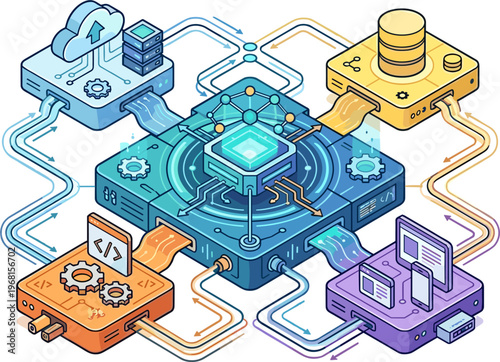 Network diagram showing data flow between cloud storage, database, code repository, and user interface elements, pixel art style