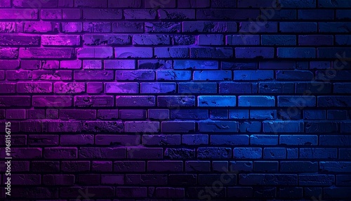 Neon gradient brick wall background with purple and blue lighting, textured surface, moody atmosphere, urban style, vibrant illumination backdrop