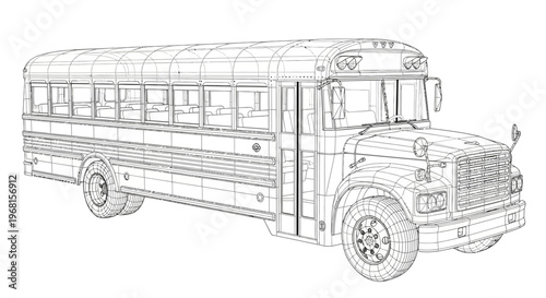Wireframe illustration of a classic American school bus, detailed technical drawing.
