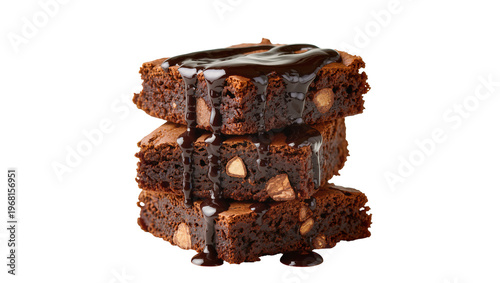 Canvastavla Stack of three rich chocolate brownies with nuts and chocolate syrup, isolated o