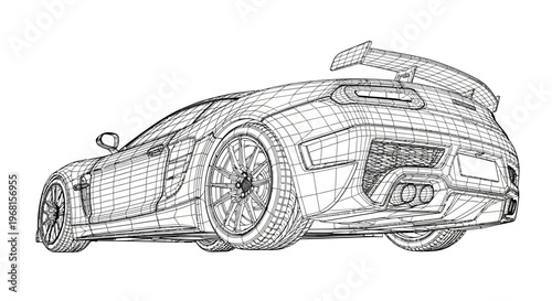 Wireframe illustration of a high-performance sports car.