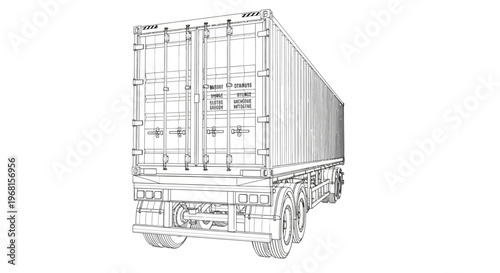 Wireframe illustration of a semi-trailer truck with a shipping container.