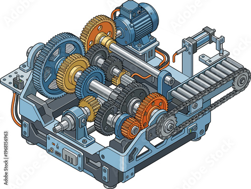 complex mechanical gearbox assembly with motor and conveyor belt, intricate machinery, industrial engineering, detailed components, power transmission system
