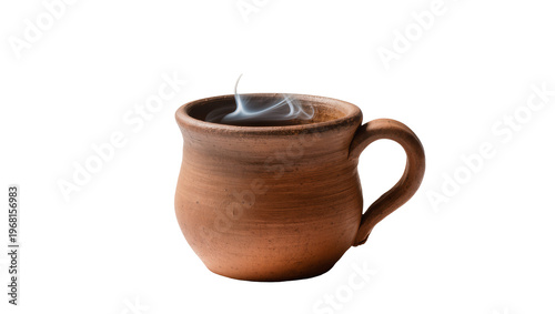 Canvas Print Rustic clay mug with steaming hot beverage, isolated on transparent background